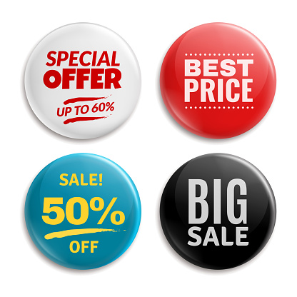 Sales pin badges. Circled badging button, 3d glossy price tag. Big sale, best price and special offer vector badges