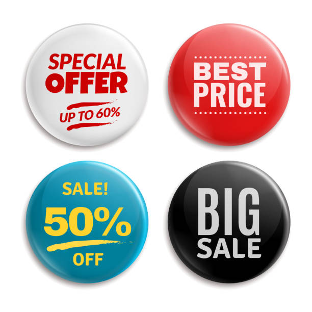 Sales pin badges. Circled badging button, 3d glossy price tag. Big sale, best price and special offer badge vector set Sales pin badges. Circled badging button, 3d glossy price tag. Big sale, best price and special offer vector badges push button illustrations stock illustrations
