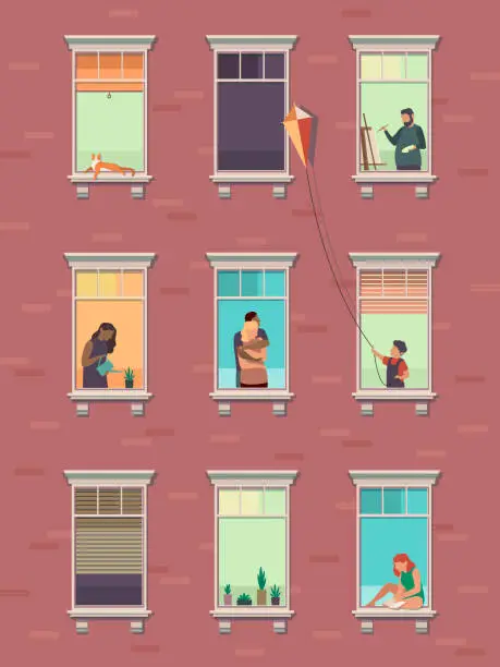 Vector illustration of Windows with people. Opened window neighbors people communicate apartment building exterior exercising at home morning