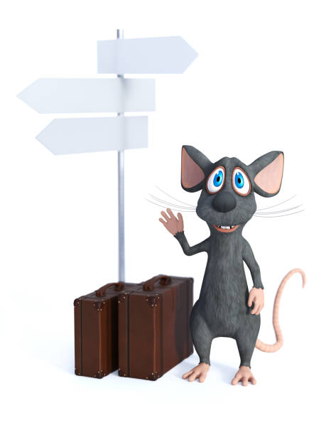 istock 3D rendering of a cartoon mouse with travel suitcases. 1127258572