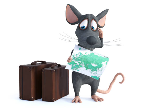 istock 3D rendering of a cartoon mouse holding a map. 1127258573