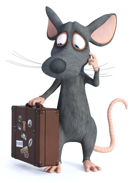 istock 3D rendering of a cartoon mouse holding travel suitcase. 1127258583