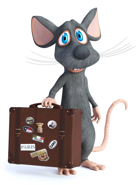 istock 3D rendering of a cartoon mouse holding travel suitcase. 1127258585