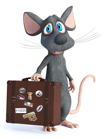 3D rendering of a cute cartoon mouse holding a travel suitcase and smiling. He seems ready to travel. White background.