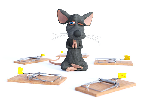 3D rendering of cartoon mouse doing yoga, sitting in a lotus pose with hands in a praying pose and meditating or praying with one eye open, looking nervous, surrounded by mouse traps. Concept of staying calm. White background.