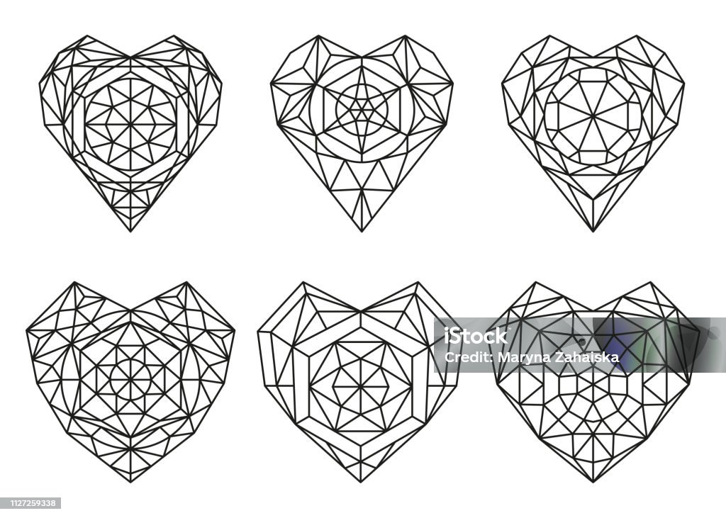 Vektor Seperangkat Hati Dalam Bentuk Batu Permata Berlian Atau Ruby