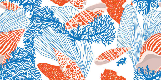 сontemporary kabukları, yosun ve mercan ile seamless modeli. - seashell illüstrasyonlar stock illustrations