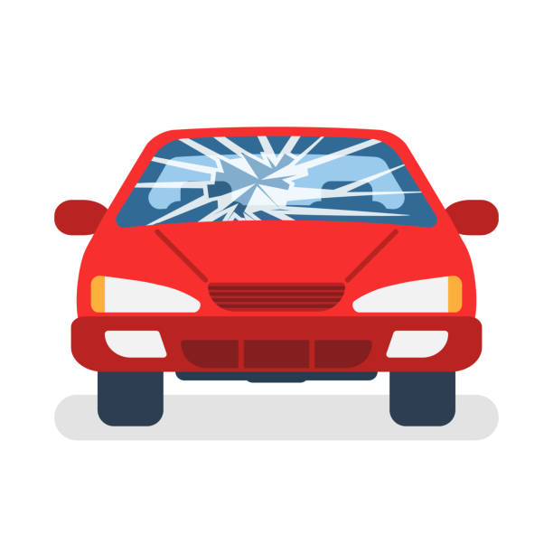 Broken car windshield. Broken car windshield. Accident of car. Damaged glass. Vector illustration flat design. Isolated on white background. car crash accident cartoon stock illustrations