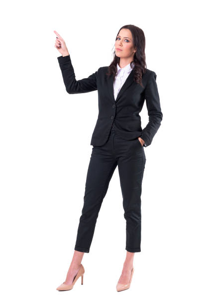 istock Serious confident businesswoman pointing finger up doing presentation 1127263194