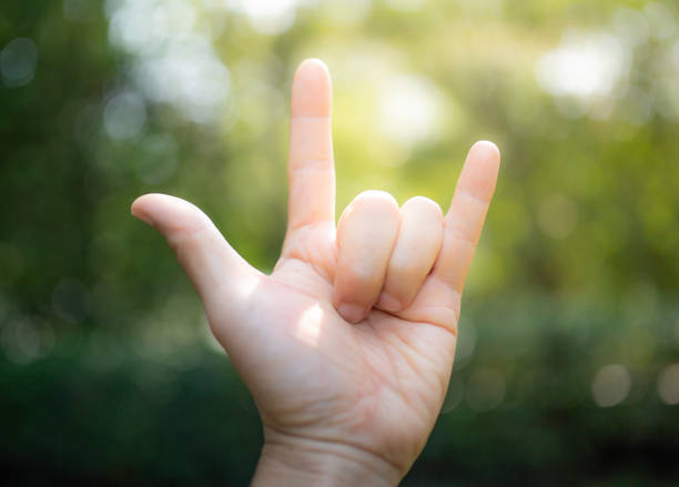 istock Love with the finger symbol Green tree bokeh as background.soft focus. 1127264330