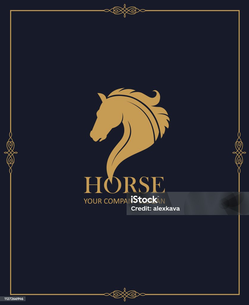 emblem of horse head gold emblem of horse head on dark background Racehorse stock vector