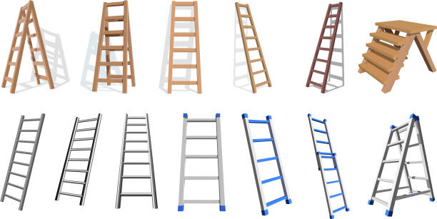 ilustraciones, imágenes clip art, dibujos animados e iconos de stock de conjunto de madera y escaleras de metall. escalera de madera, metall sobre un fondo blanco. vector ilustración de escaleras - ladder