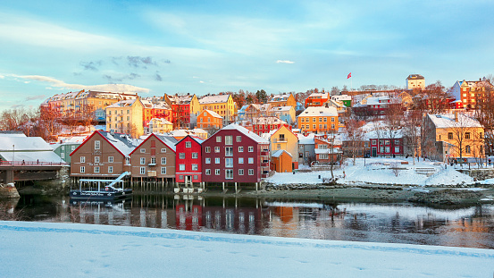Trondheim, Norway 02/01/2019 : The view of the river Nidelva  in the snowy Trondheim
