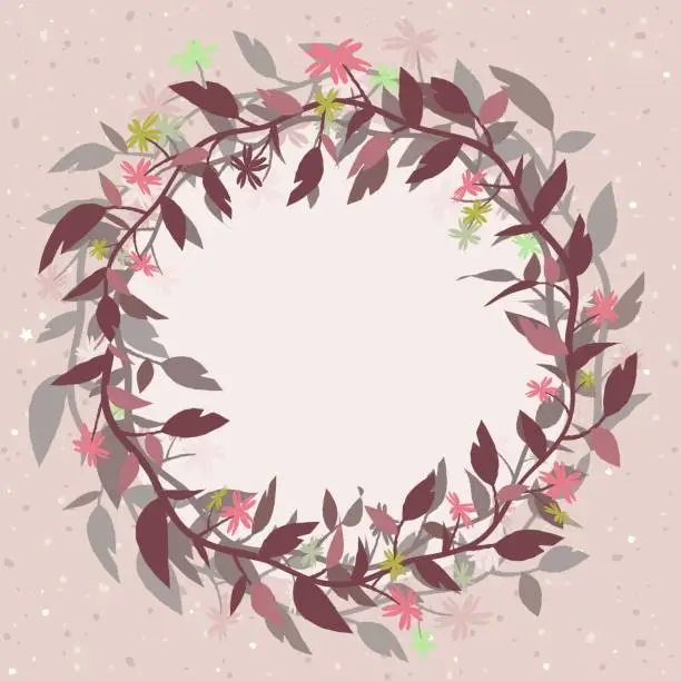 Vector illustration of Pink vector background with a round floral frame in the form of a wreath. Eps 10