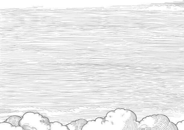 Retro cloudscape Vector background of cloudy sky  at engraved style pencil drawing illustrations stock illustrations