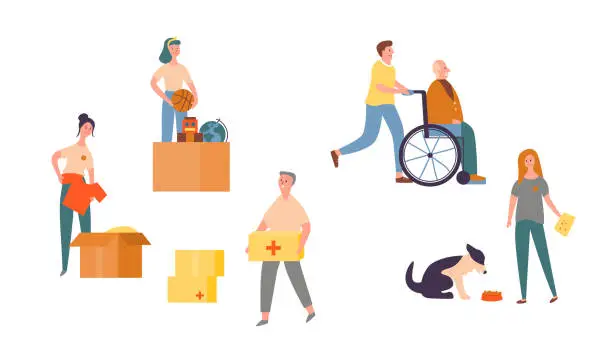 Vector illustration of People Character Volunteer Care for Senior Set. Needy Community Help Center. Charity to Animal to Support Homeless Dog. Citizen Donate Clothes to Older in Wheelchair Flat Cartoon Vector Illustration