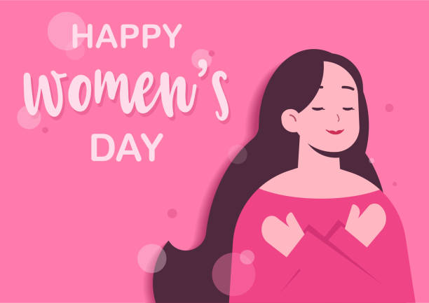 istock Happy International Women's Day. Pretty woman hugging herself. Vector illustration. 1127275798