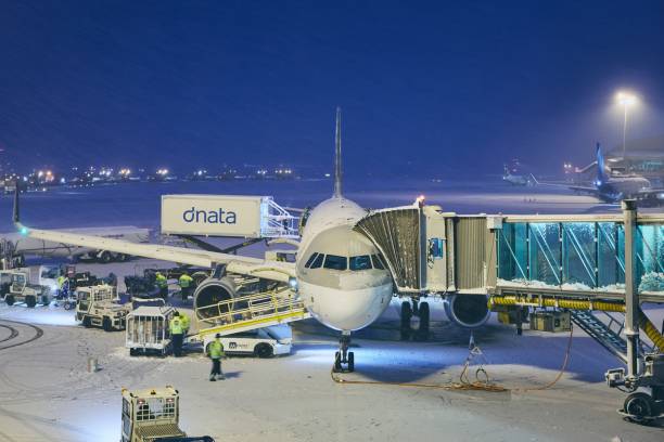 무거운 눈이 하는 동안 공항 - qatar airways 뉴스 사진 이미지