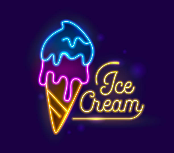istock Ice Cream Neon Light Retro Typography Banner Design. Icecream Dessert Night Illuminated Glowing Sign. Fruit Sundae in Cone Food Element for Summer Advertising Poster Flat Cartoon Vector Illustration 1127278591