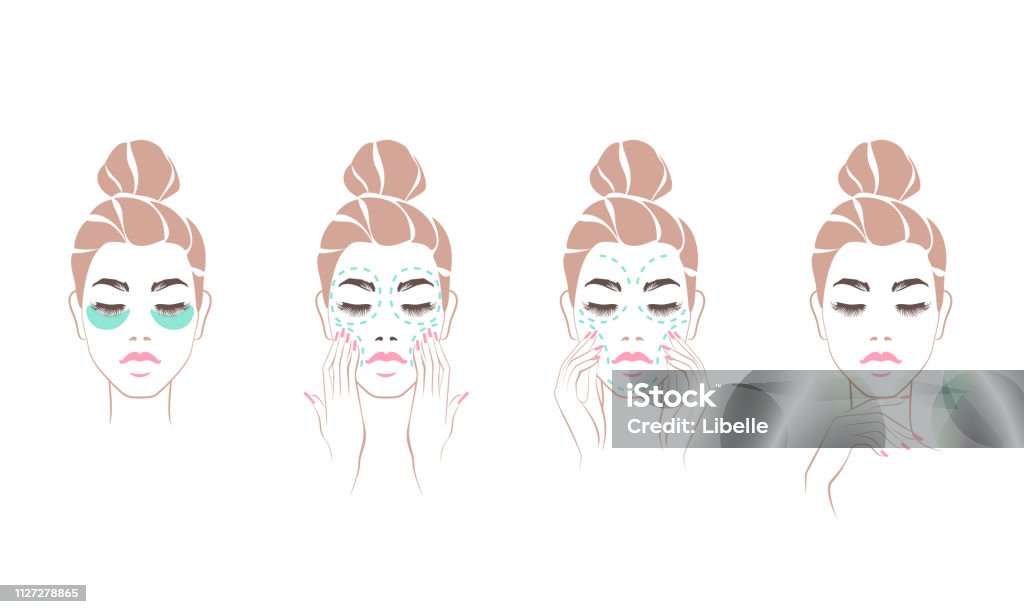 Set beautiful woman healthcare, making massage and mask, young woman face beauty with clean fresh skin. Vector illustration. Cleaning stock vector