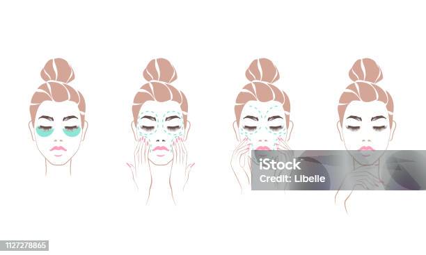 Set Beautiful Woman Healthcare Making Massage And Mask Young Woman Face Beauty With Clean Fresh Skin Vector Illustration Stock Illustration - Download Image Now