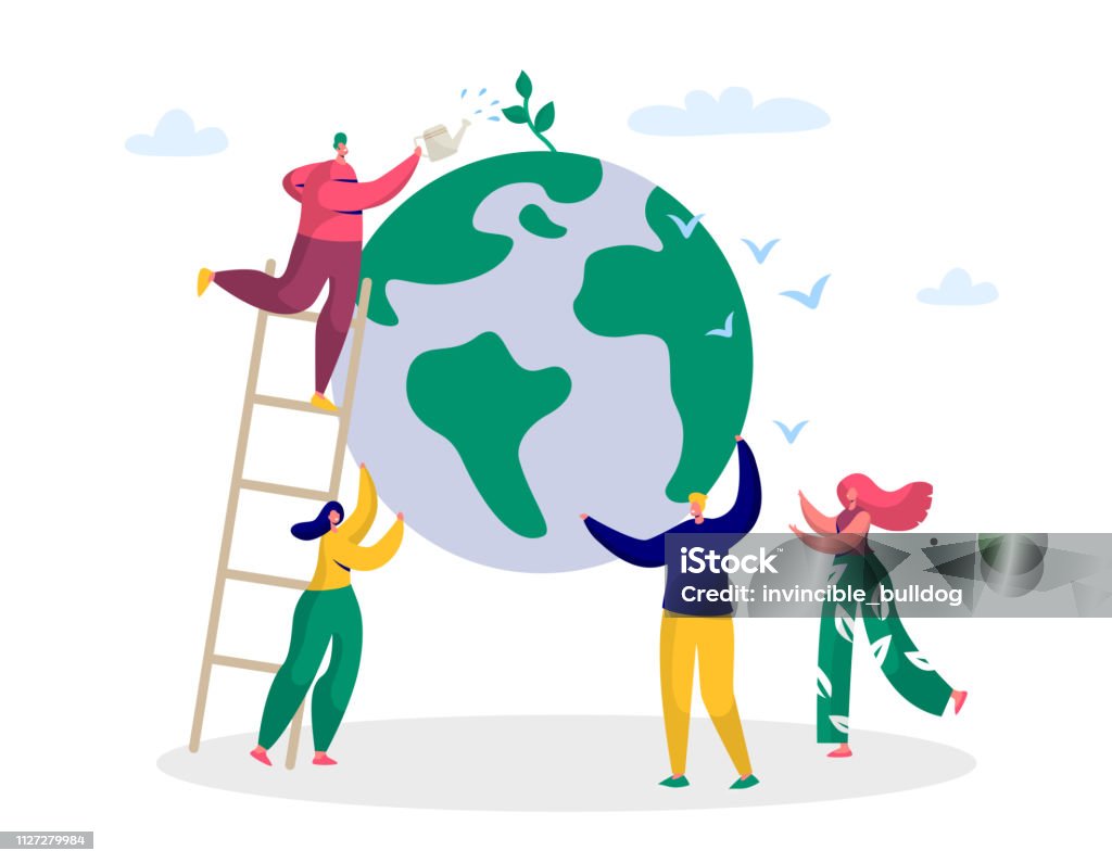 Earth Day Man Save Green Planet Environment. People of World Water Plant for Ecology Celebration Preparation in April. Nature Globe Ecology Protect Concept Flat Cartoon Vector Illustration Globe - Navigational Equipment stock vector