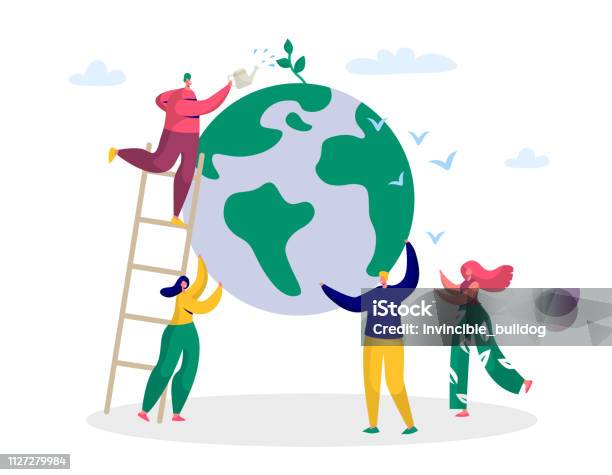 Earth Day Man Save Green Planet Environment People Of World Water Plant For Ecology Celebration Preparation In April Nature Globe Ecology Protect Concept Flat Cartoon Vector Illustration Stock Illustration - Download Image Now
