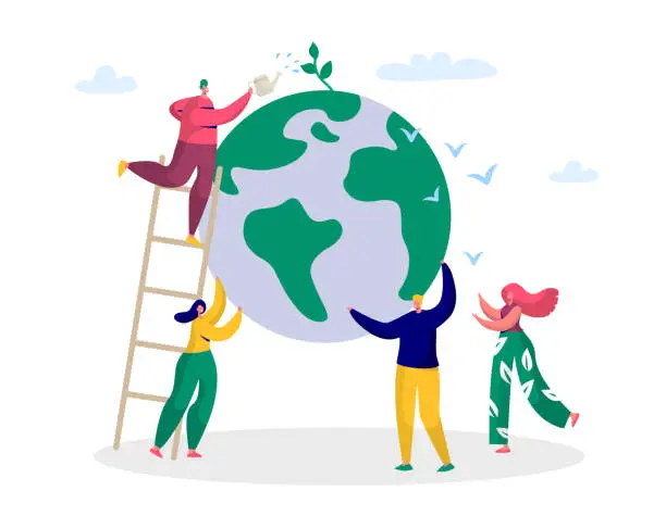 Vector illustration of Earth Day Man Save Green Planet Environment. People of World Water Plant for Ecology Celebration Preparation in April. Nature Globe Ecology Protect Concept Flat Cartoon Vector Illustration