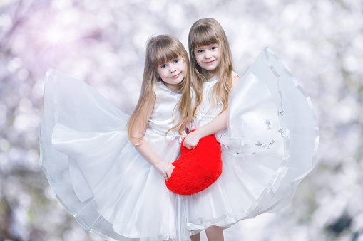 Two smiling cute blondie sisters twins with long hair in white beautiful dresses are holding a big bright red heart together at sparkling blurred background.