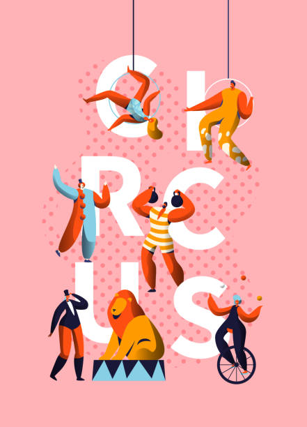Circus Carnival Clown Character Typography Banner. Magician and Unicycle Juggler Performance. Comedy Costume Harlequin Show Advertising Vertical Poster Design Flat Cartoon Vector Illustration