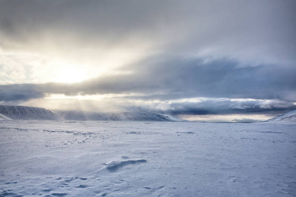 paesaggio ghiacciato e ghiacciato delle svalbard - sunrise mountain winter arctic foto e immagini stock