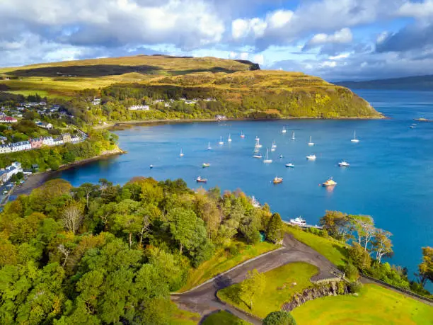 Aerial view of Portree town in Isle of Skye, Scotland, United Kingdom