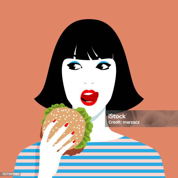 Femme Manger Des Hamburger Vecteurs libres de droits et plus d'images vectorielles de Burger - Burger, Femmes, Manger