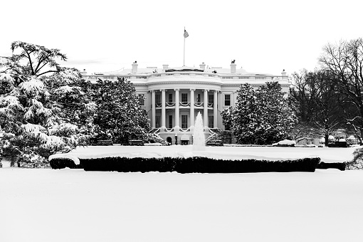 The White House in Washington DC after a record snow fall in the winter of 2009.