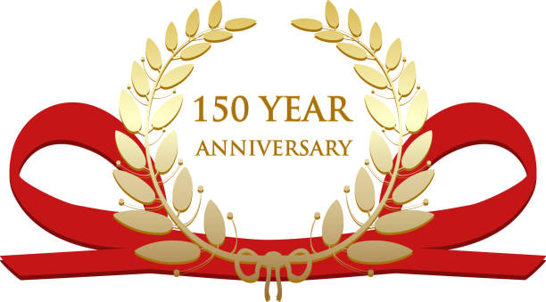 One Hundred And Fifty Year Anniversary Celebration Gold Award One hundred and fifty year anniversary celebration gold award with a red ribbon and a golden laurel wreath. 150th anniversary stock illustrations