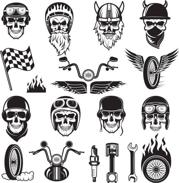 illustrazioni stock, clip art, cartoni animati e icone di tendenza di simboli motociclistici. skull bike flags ruota fuoco ossa motore moto vettore silhouette - piston sports race engine gear