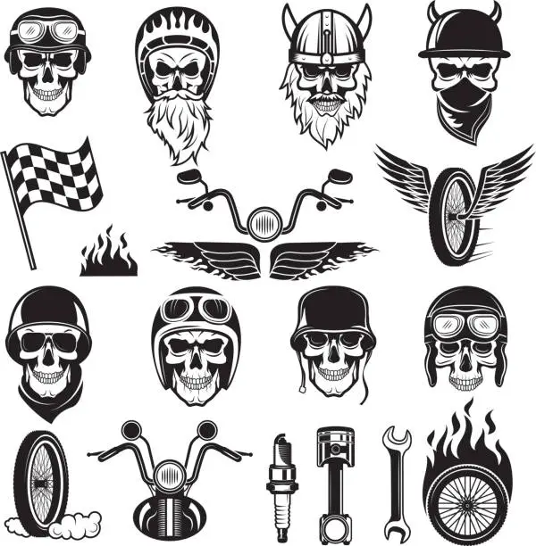 Vector illustration of Biker symbols. Skull bike flags wheel fire bones engine motorcycle vector silhouettes