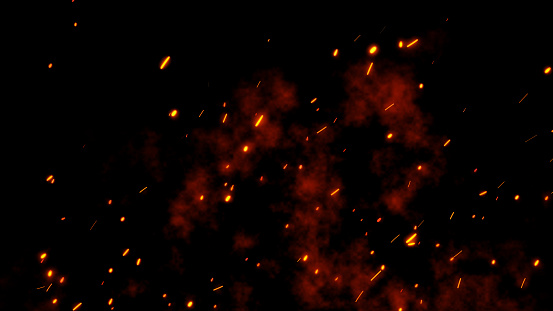 Burning red hot sparks rise from large fire. Backdrop of bonfire, light and life. 3D illustration of fiery orange and red glowing flying ember particles on black background in 4k