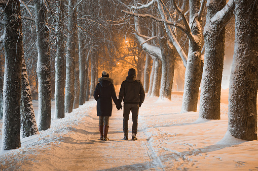 Young adult couple holding each other hands and walking on snow covered sidewalk through alley of trees. Peaceful atmosphere in snowy winter night. Enjoying fresh air. Back view.