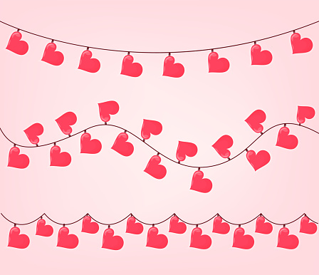 Set of heart shape garland for valentine day. Romantic element for greeting card design. Simple cute pattern. Colorful garlands.