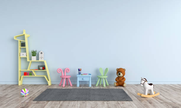 istock Table and chair in blue child room for mockup, 3D rendering 1127290920