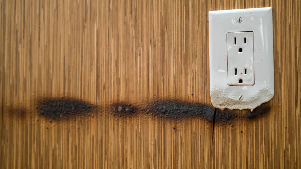 Power outlet with traces of burning and melting stock photo