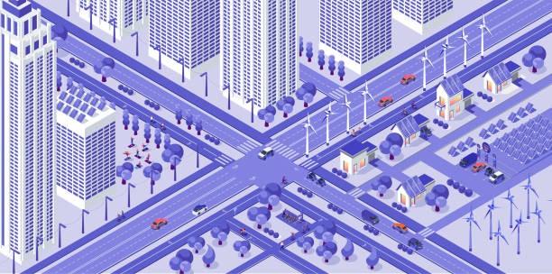 moderne isometrische stadt. eco-freundliche stadt. hohe gebäude, häuser, autos, radfahrer, elektroauto ladetechniken bahnhof, windmühlen und solarzellen. menschen im stadtpark. yoga-unterricht. - solar collector illustrations stock-grafiken, -clipart, -cartoons und -symbole