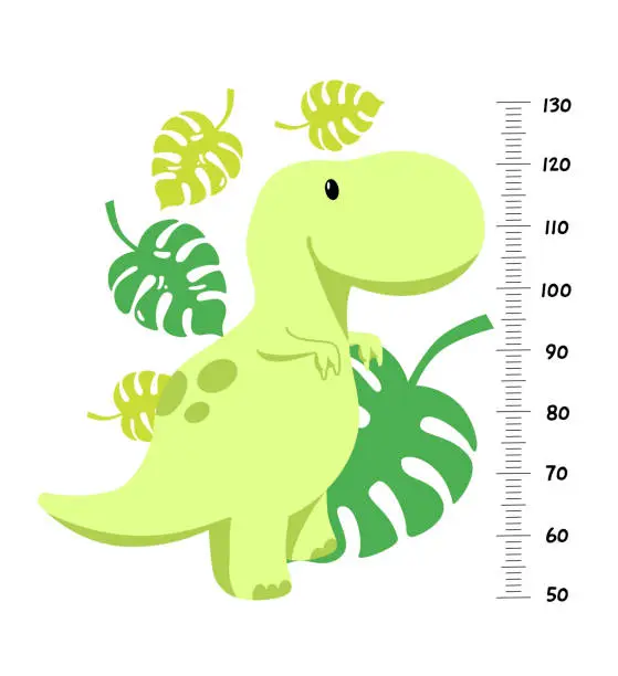 Vector illustration of Vector height wall chart decorated with cartoon dinosaurs - brontosaurus, triceratops, tyrannosaurus, pterodactylus, stegosaurus - and numbers. Illustration in flat style for children growth measure