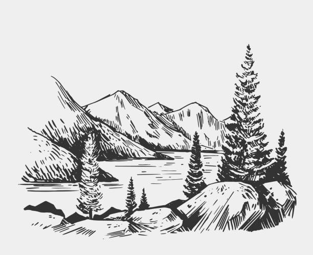 호수, 바위, 나무, 야생 자연 풍경. 알래스카 지역입니다. 손으로 그린된 그림 변환 벡터입니다. - 알래스카 일러스트 stock illustrations