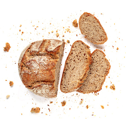 Sliced bread isolated on  white background. Fresh Bread slices close up. Bakery, food concept. Top view