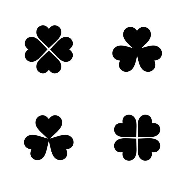 Flat Vector Clover Icon Set Flat monochrome clover icon collection for web sites and apps. Minimal simple black and white clover collection set. Isolated vector black clover collection set on white background. lucky stock illustrations