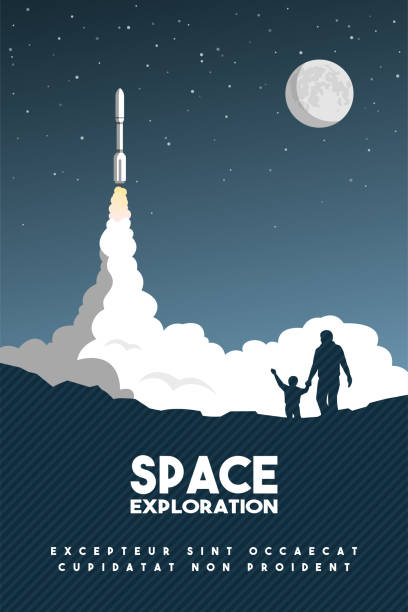 로켓 별이 빛나는 하늘에서 내려요. 공간 연구 포스터입니다. 벡터 일러스트입니다. - 위성 우주선 stock illustrations