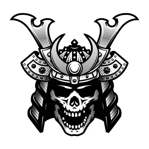 Vector illustration of Samurai skull. Warrior helmet in black and white style.