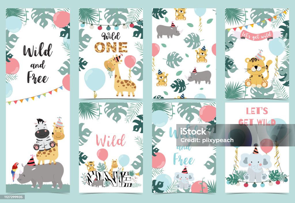 Green birthday card with tiger,elephant, giraffe, zebra,cake,leaf,rainbow and balloon Invitation stock vector